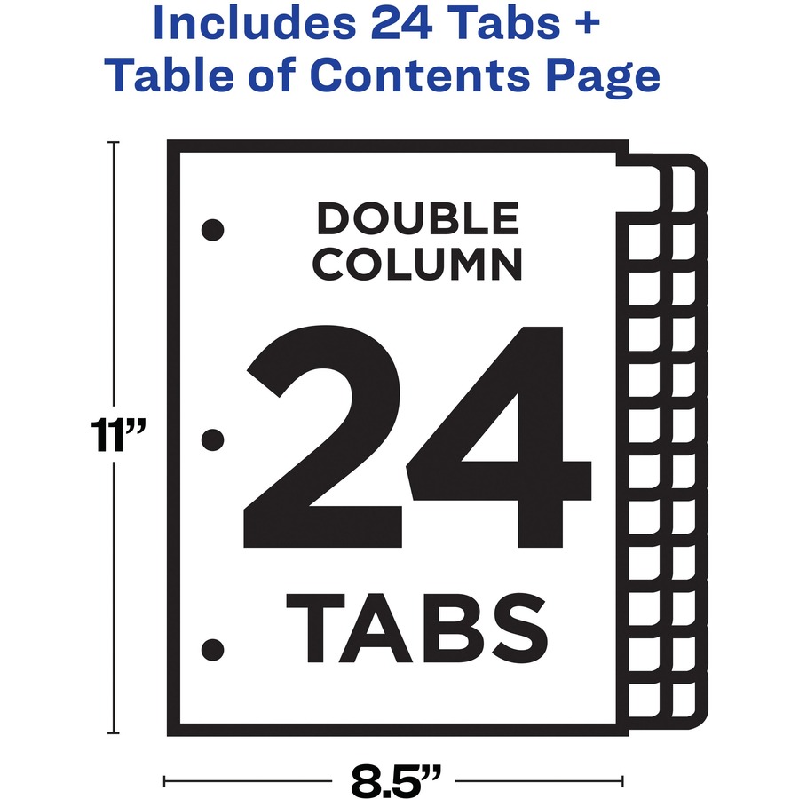 Avery® Two-Column Table Contents Dividers w/Tabs - 24 x Divider(s) - 1-24, Table of Contents - 24 Tab(s)/Set - 8.50" Divider Width x 11" Divider Length - 3 Hole Punched - White Paper Divider - Multicolor Paper Tab(s) - Index Dividers - AVE11321