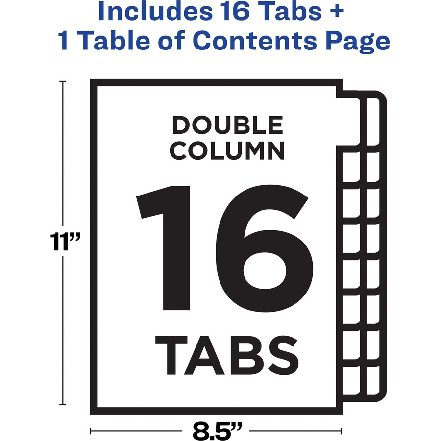Avery® Two-Column Table Contents Dividers w/Tabs - 16 x Divider(s) - 1-16, Table of Contents - 16 Tab(s)/Set - 8.50" Divider Width x 11" Divider Length - 3 Hole Punched - White Paper Divider - Multicolor Paper Tab(s) - Index Dividers - AVE11320