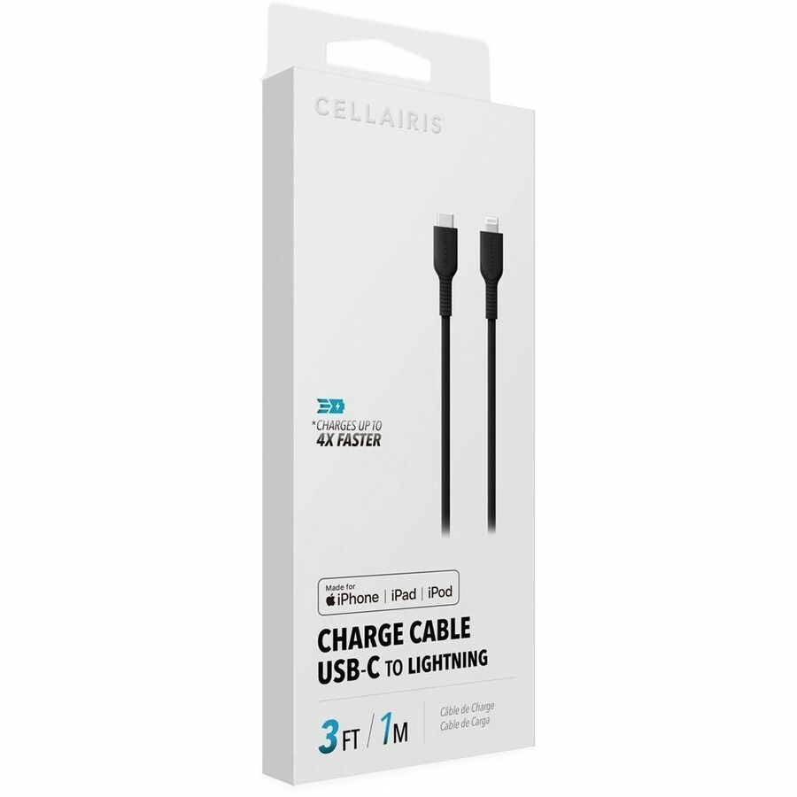 Black 3 ft USB-C to Lightning charge cable for charging Apple devices from USB-C power sources — alternate view 3