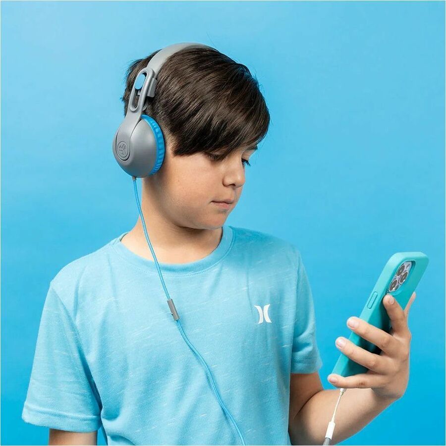 JLab Audio JBuddies Studio 2 wired over-ear stereo headphones in gray and blue — alternate view 3