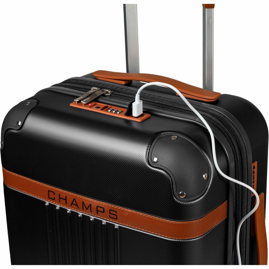Black polycarbonate carry-on suitcase with spinner wheels for travel — alternate view 3