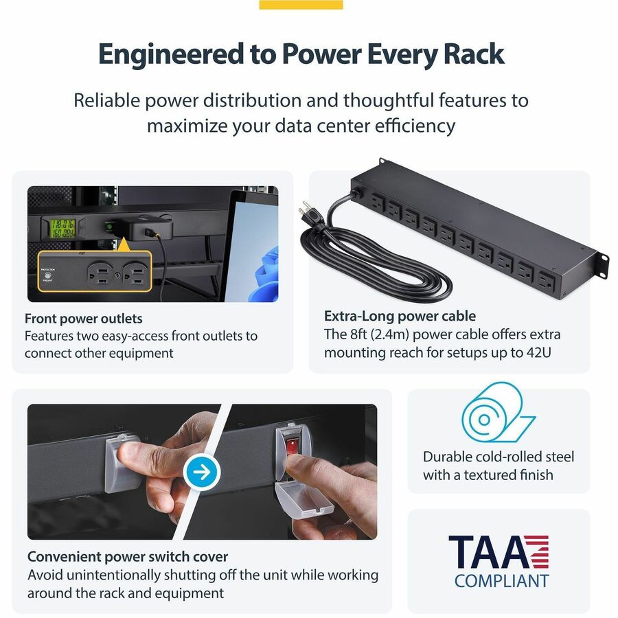 StarTech 12-Outlet Horizontal Rack Mount Metered PDU, 1U Server Power Strip w/Surge Protector, 125V/15A, 8ft (2.4m) Power Cord, TAA