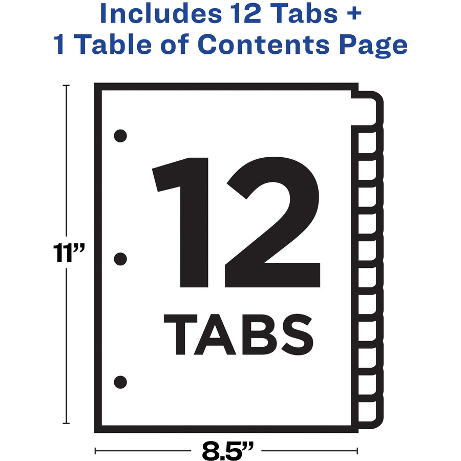 Avery® Ready Index® Table of Content Dividers for Laser and Inkjet Printers, 12 tabs - 12 x Divider(s) - 1-12 - 12 Tab(s)/Set - 8.5" Divider Width x 11" Divider Length - 3 Hole Punched - White Paper Divider - Multicolor Paper Tab(s) - Recycled - 1