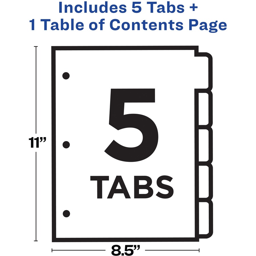 Avery® Ready Index Classic Tab Binder Dividers - 5 x Divider(s) - 1-5, Table of Contents - 5 Tab(s)/Set - 8.50" Divider Width x 11" Divider Length - 3 Hole Punched - White Paper Divider - White Paper Tab(s) - Index Dividers - AVE11130