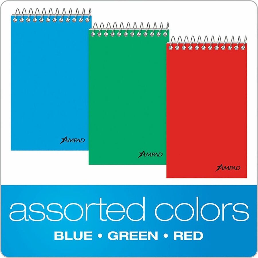 Ampad Top-Bound Memo Books - 60 Sheets - Narrow Ruled Front Ruling - Red, Blue, Green Cover - Compact - 12 / Pack
