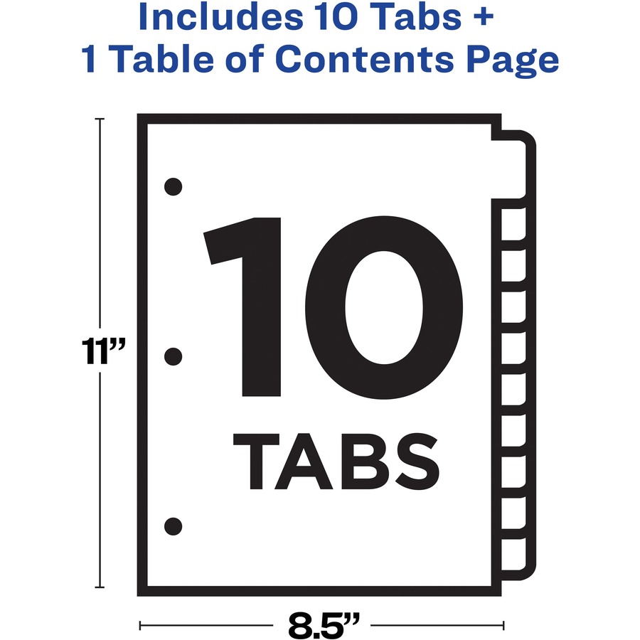 Avery® Ready Index Classic Tab Binder Dividers - 10 x Divider(s) - 1-10, Table of Contents - 10 Tab(s)/Set - 8.50" Divider Width x 11" Divider Length - 3 Hole Punched - White Paper Divider - White Paper Tab(s) - Index Dividers - AVE11134