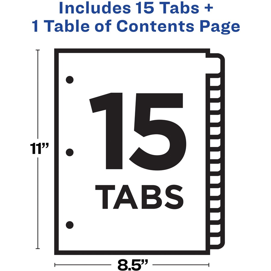 Avery® Ready Index Custom TOC Binder Dividers - 15 x Divider(s) - 1-15 - 15 Tab(s)/Set - 8.50" Divider Width x 11" Divider Length - 3 Hole Punched - White Paper Divider - Multicolor Paper Tab(s) - 15 / Set = AVE11143