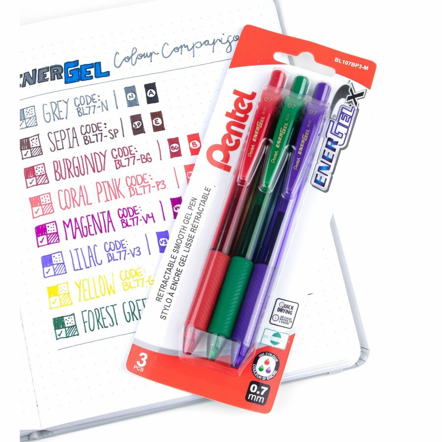 Pentel EnerGel-X Retractable Gel Roller, (0.7mm) Metal Tip, Blister, 3PC Pack Assorted