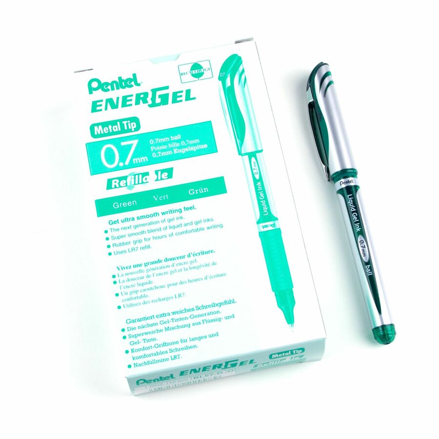 Pentel EnerGel Liquid Gel Pen, (0.7mm) Metal Tip, Capped, Green Ink