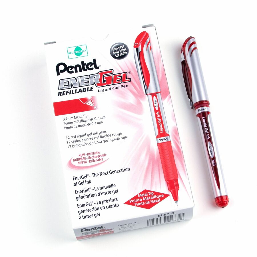 Pentel EnerGel Liquid Gel Pen, (0.7mm) Metal Tip, Capped, Red Ink
