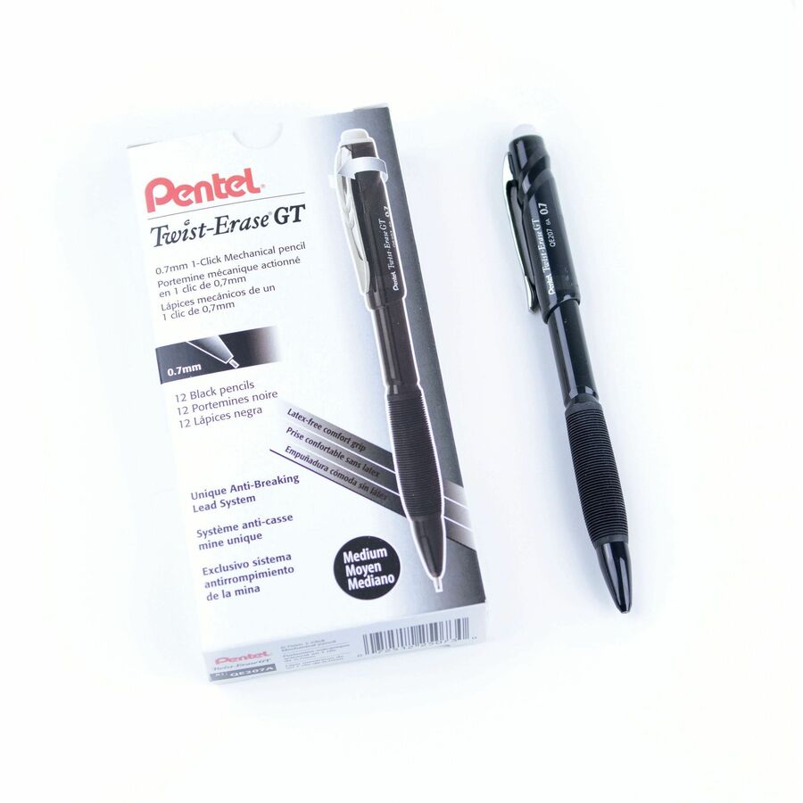 Pentel Twist-Erase GT (0.7mm) Retractable 1-Click Mechanical Pencil, Transparent Black Barrel