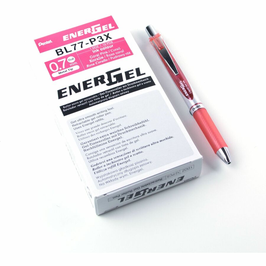 Pentel EnerGel Retractable Gel Roller, (0.7mm) Metal Tip, Coral Pink Ink