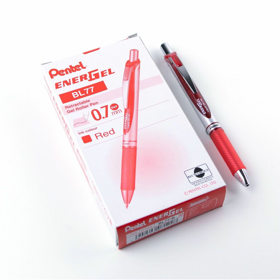Pentel EnerGel Retractable Gel Roller, (0.7mm) Metal Tip, Red Ink