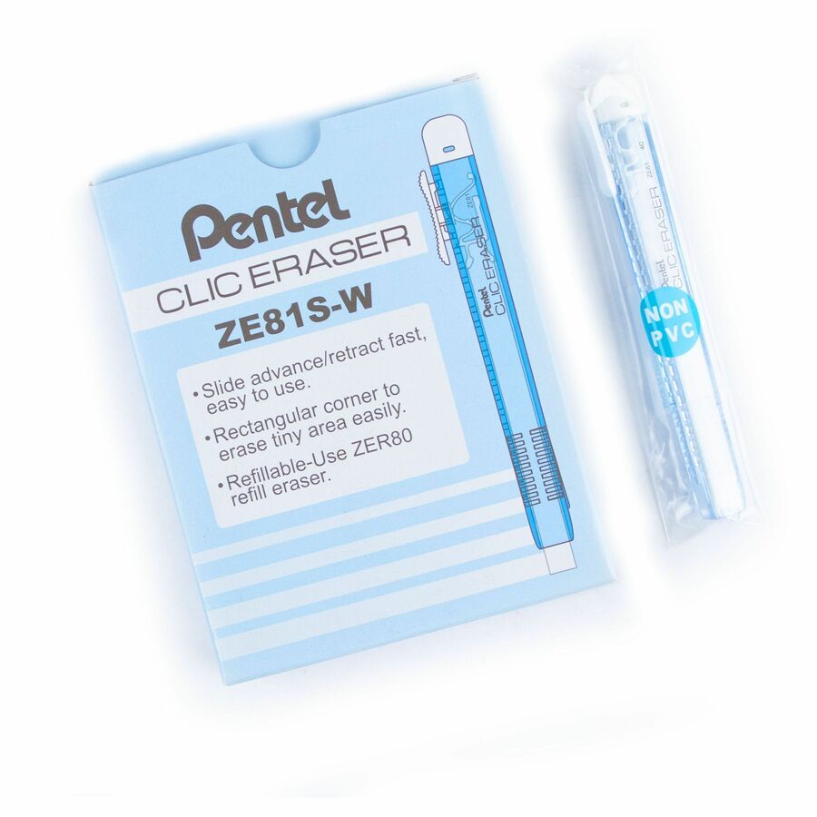 Pentel CLIC ERASER, Rectangular Retractable Eraser, Blue Transparent Barrel