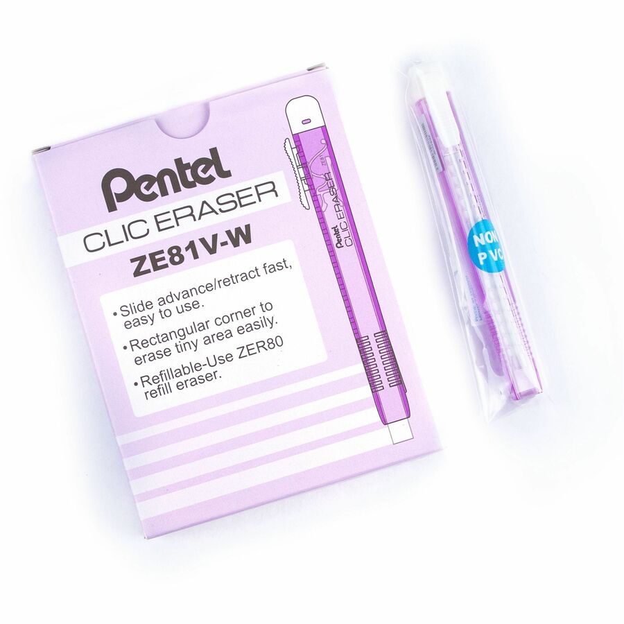 Pentel CLIC ERASER, Rectangular Retractable Eraser, Violet Transparent Barrel