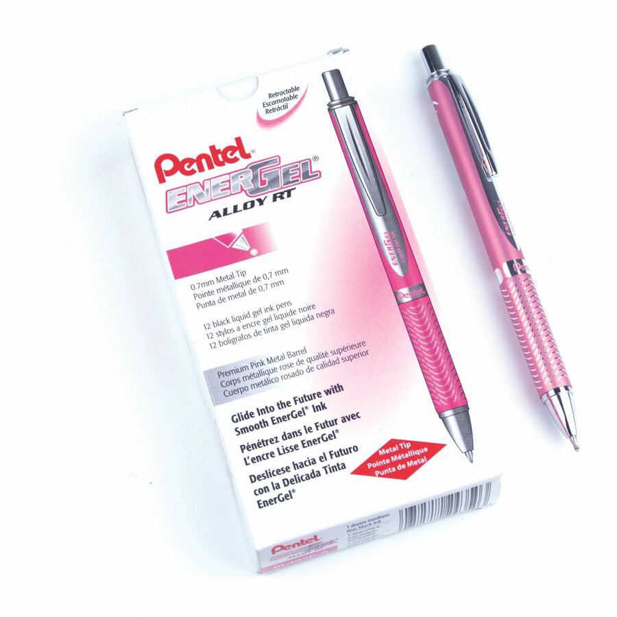 Pentel EnerGel Alloy Retractable Premium Liquid Gel Pen, (0.7mm) Metal Tip, Pink Barrel, Black Ink