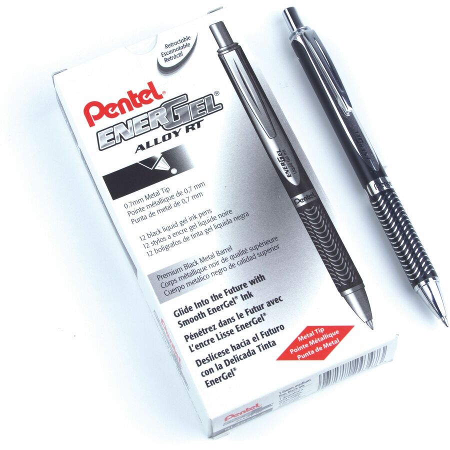 Pentel EnerGel Alloy Retractable Liquid Gel Pen, (0.7mm) Metal Tip, Black Barrel, Black Ink