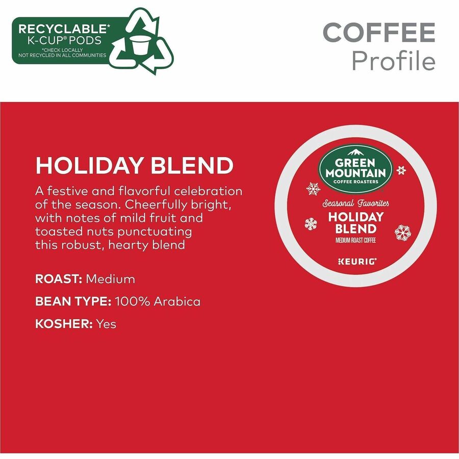 Green Mountain Coffee Roasters® K-Cup, Pod Holiday Blend Coffee - Compatible with Keurig Brewer - Medium - 24 K-Cup - K-Cup, Pod - Holiday Blend - 4 / Carton