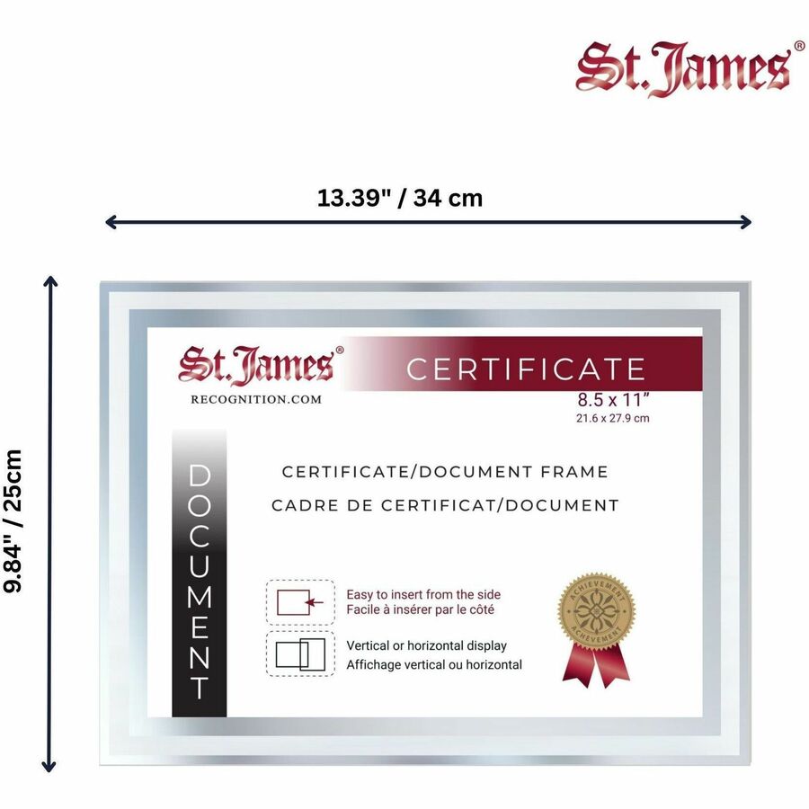 Cadres en verre St. James&reg; pour certificats, diplômes et documents 8,5" x 11" , bordure &eacute;pur&eacute;e, estampage en feuille d'argent, paquet de 2