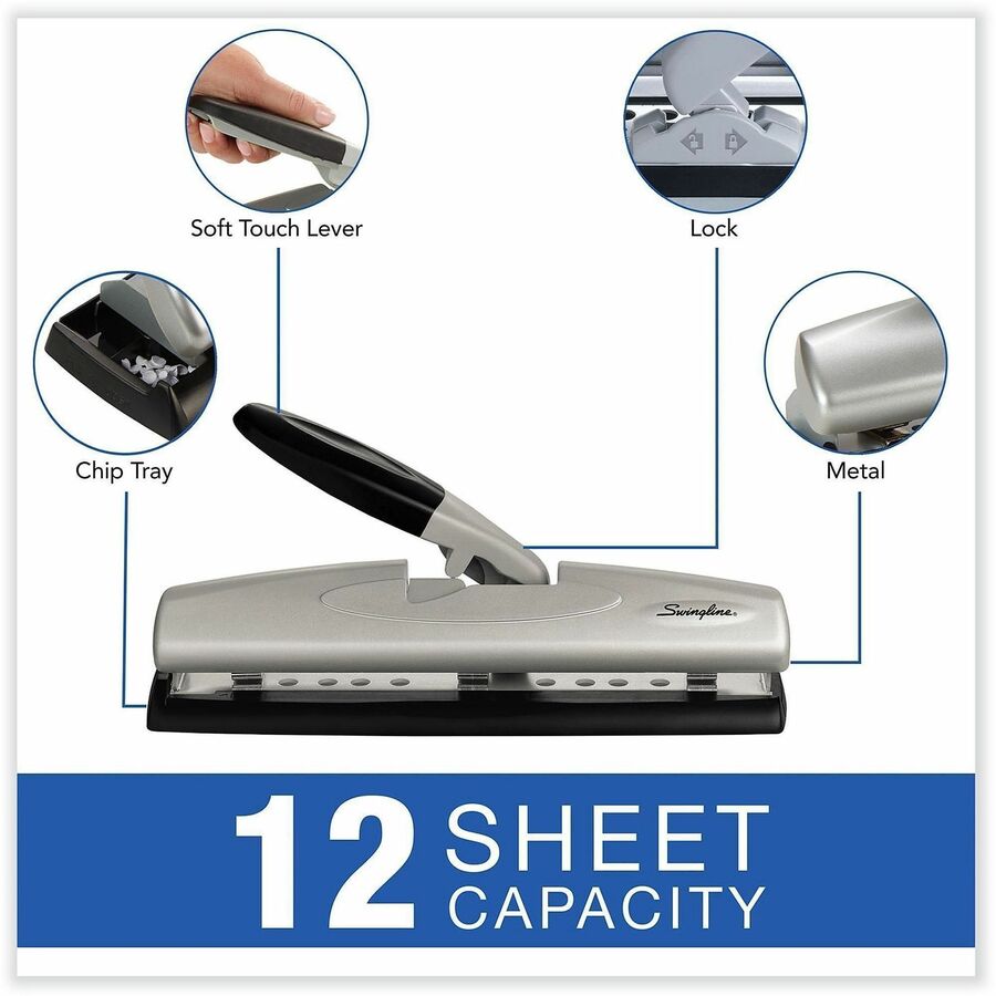 Swingline Standard Lever Handle Punches - 2, 3 Punch Head(s) - 12 Sheet of 20lb Paper - 9" , 32" Punch Size - Metal - Black - Kennedy Office