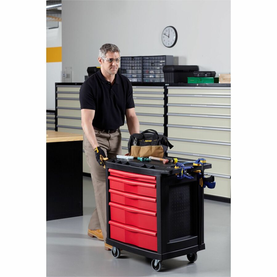 Rubbermaid Commercial 5 Drawer Mobile Work Center, Black - 5 Drawer - 250 lb Load Capacity - 4 Casters - 4" Caster Size - 32.63" Length x 19.90" Width x 33.50" Height - Black, Red - 1 Each