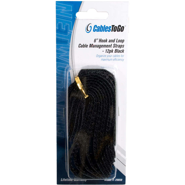 C2G 6-Inch Hook and Loop Cable Straps - 12 Pack (Black)