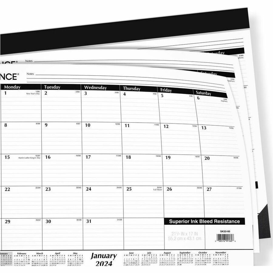 At-A-Glance 2024 Monthly Desk Pad Calendar, Standard, 21 3/4" x 17" - Julian Dates - Monthly - 12 Month - January 2024 - December 2024 - 1 Month Single Page Layout - 21 3/4" x 17" Sheet Size - 3" x 2.25" Block - Headband - Desktop - White - Poly, Paper - 