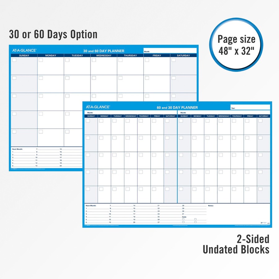 At-A-Glance 30/60 Day Undated Horizontal Wall Planner - 48" x 32" Sheet Size - Blue - Laminated, Erasable - 1 Each
