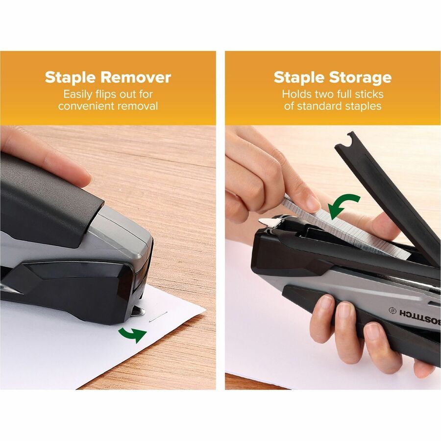 Bostitch InPower Spring-Powered Antimicrobial Desktop Stapler - 20 Sheets Capacity - 210 Staple Capacity - Full Strip - 1 Each - Silver, Black
