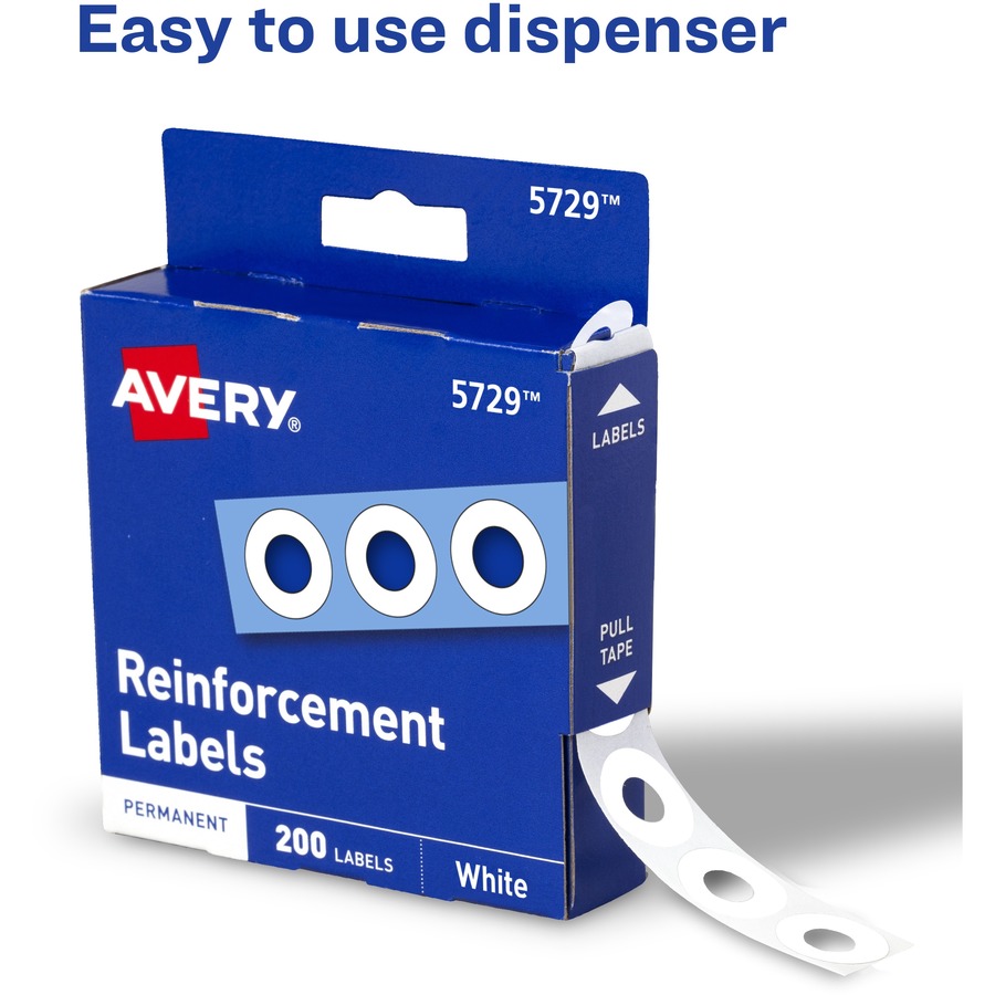 Avery® White Self-Adhesive Reinforcement Labels - 0.3" Diameter - 0.25" Maximum Capacity - Round - White - 200 / Pack