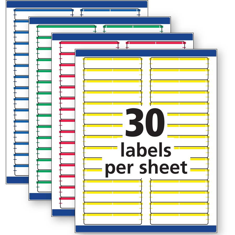 Avery® Removable Laser/Inkjet Filing Labels - 21/32" Width x 3 7/16" Length - Removable Adhesive - Rectangle - Laser, Inkjet - Blue, Green, Red, White, Yellow - Paper - 30 / Sheet - 25 Total Sheets - 750 Total Label(s) - 750 / Pack