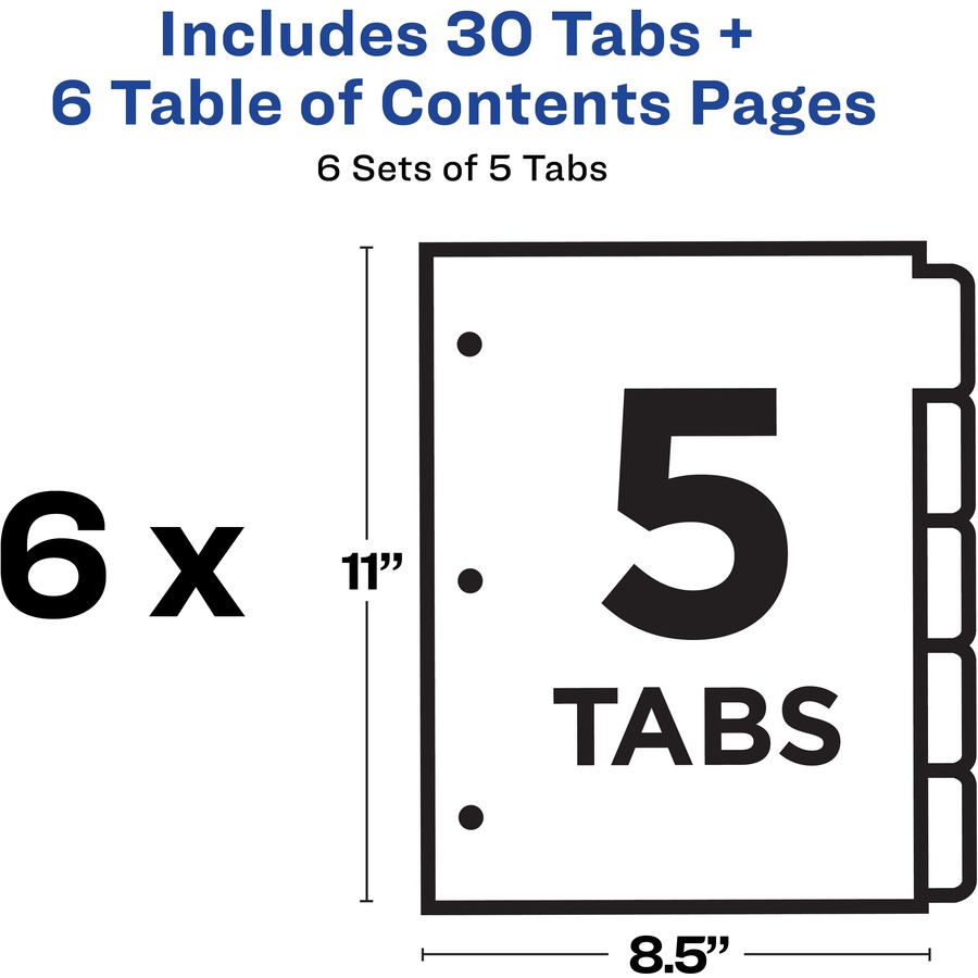 Avery® Ready Index Custom TOC Binder Dividers - 30 x Divider(s) - 1-5 - 5 Tab(s)/Set - 8.5" Divider Width x 11" Divider Length - 3 Hole Punched - White Paper Divider - Multicolor Paper Tab(s) - Recycled - 6 / Pack