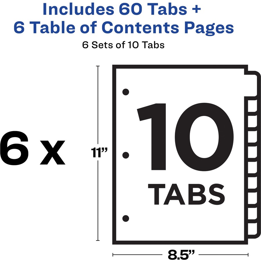 Avery® Ready Index Custom TOC Binder Dividers - 60 x Divider(s) - 1-10, Table of Contents - 10 Tab(s)/Set - 8.50" Divider Width x 11" Divider Length - 3 Hole Punched - White Paper Divider - Multicolor Paper Tab(s) - 6 / Pack - Index Dividers - AVE11188