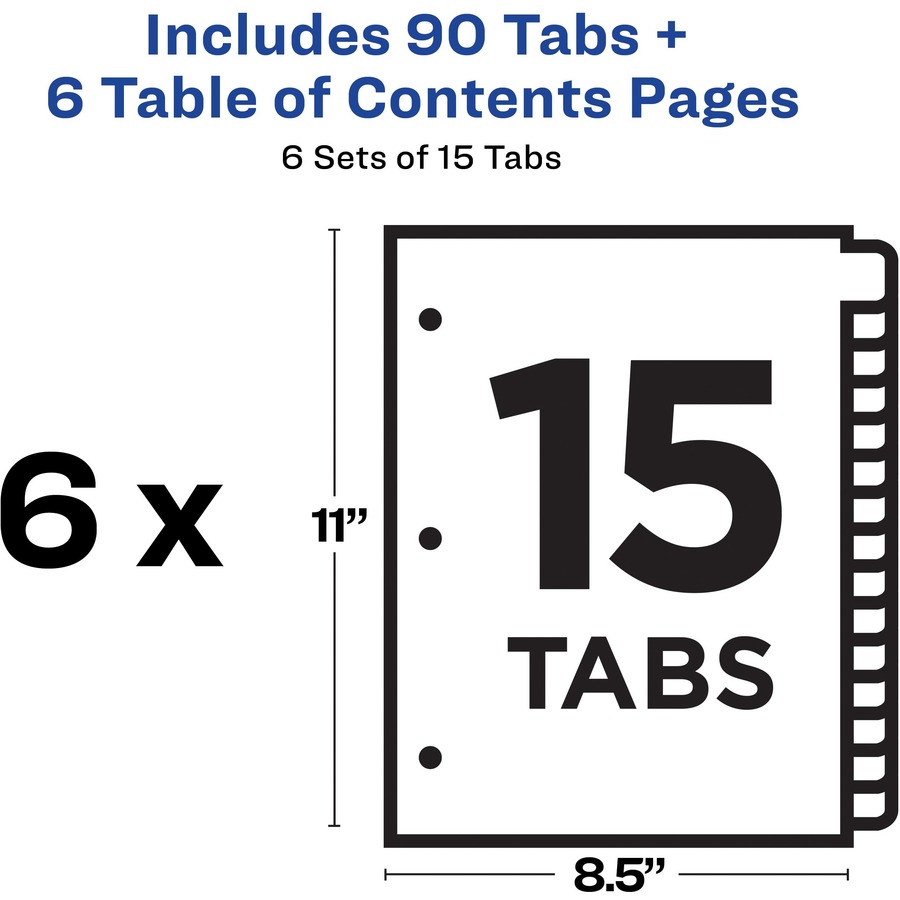 Avery® Ready Index Custom TOC Binder Dividers - 90 x Divider(s) - 1-15, Table of Contents - 15 Tab(s)/Set - 8.50" Divider Width x 11" Divider Length - 3 Hole Punched - White Paper Divider - Multicolor Paper Tab(s) - 6 / Pack - Copier/Laser/Inkjet Index Dividers - AVE11197