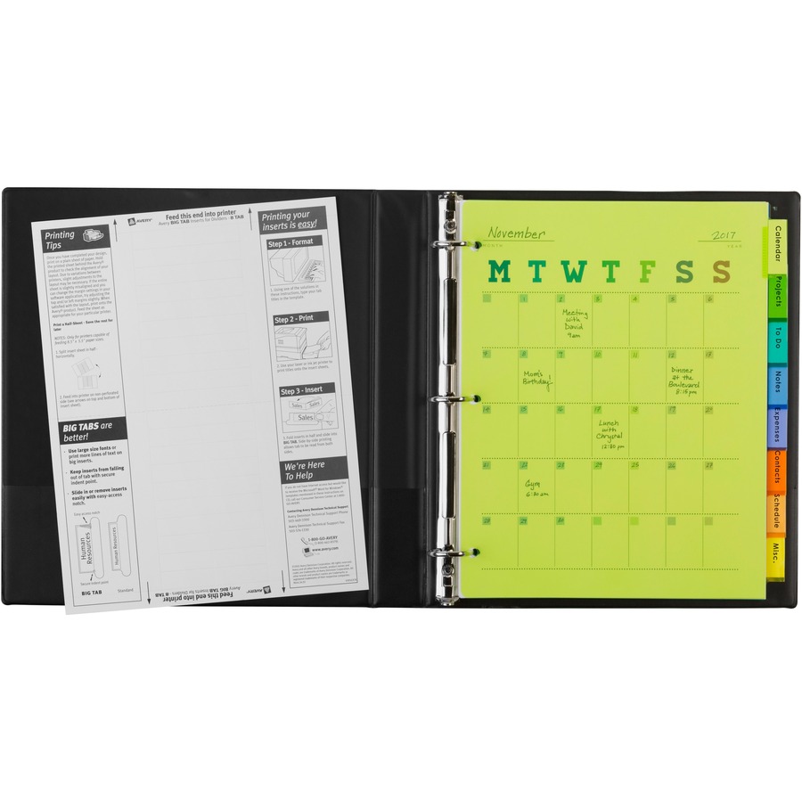 Avery® Big Tab Insertable Plastic Dividers - 8 x Divider(s) - 8 - 8 Tab(s)/Set - 8.50" Divider Width x 11" Divider Length - 3 Hole Punched - Translucent Plastic Divider - Multicolor Plastic Tab(s) = AVE11901