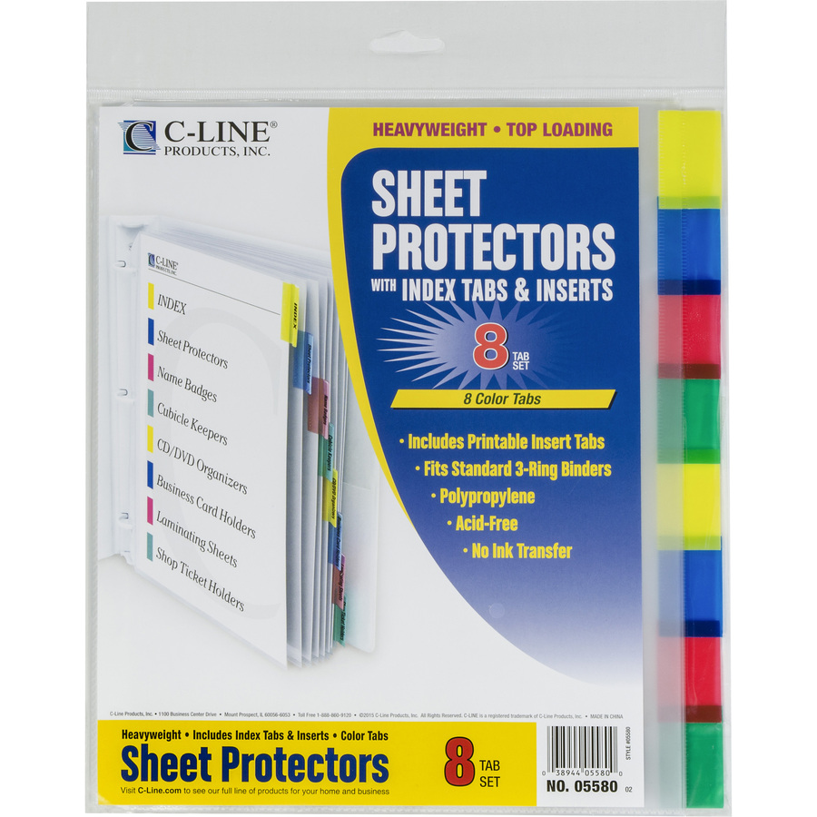 C-Line Heavyweight Poly Sheet Protectors with Index Tabs - 8-Tab Set, Assorted Color Tabs, Top Loading, 8 1/2 x 11, 8/ST, 05580