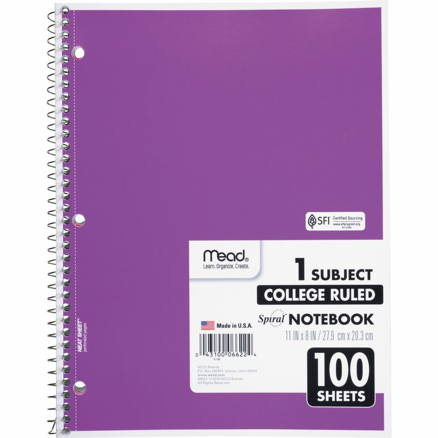 Mead One-subject Spiral Notebook - 100 Sheets - Spiral - College Ruled - 8" x 10 1/2"8" x 10.5" - White Paper - Back Board - 1 Each