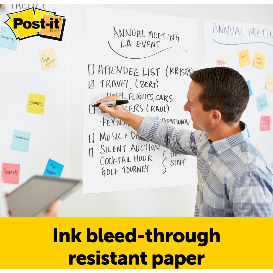 Post-it® Super Sticky Easel Pad - 30 Sheets - Plain - Stapled - 18.50 lb Basis Weight - 25" x 30" - White Paper - Self-adhesive, Repositionable, Resist Bleed-through, Removable, Sturdy Back, Cardboard Back - 4 / Carton
