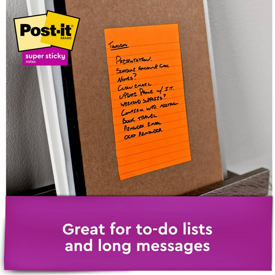 Post-it® Super Sticky Notes - Energy Boost Color Collection - 270 x Assorted - 4" x 6" - Rectangle - 90 Sheets per Pad - Ruled - Orange, Pink, Green - Paper - Self-adhesive, Recyclable - 3 / Pack