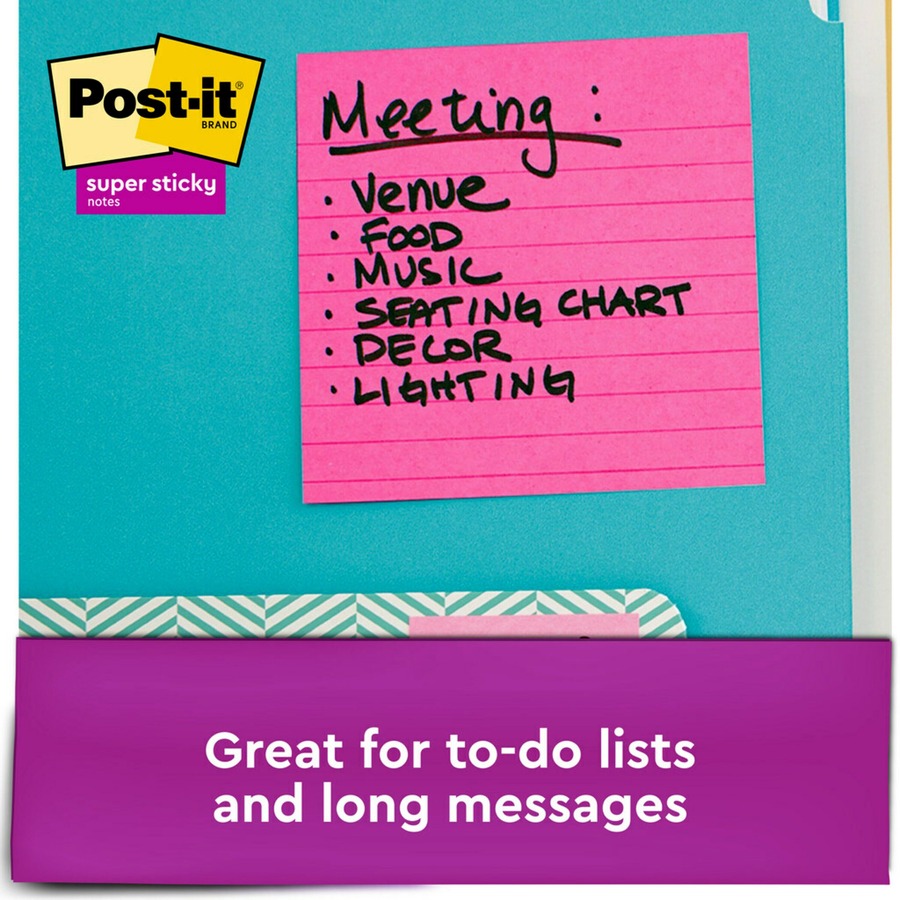 Post-it® Super Sticky Lined Notes - Energy Boost Color Collection - 540 - 4" x 4" - Square - 90 Sheets per Pad - Ruled - Vital Orange, Tropical Pink, Blue Paradise, Limeade, Sunnyside - Paper - Self-adhesive - 6 / Pack