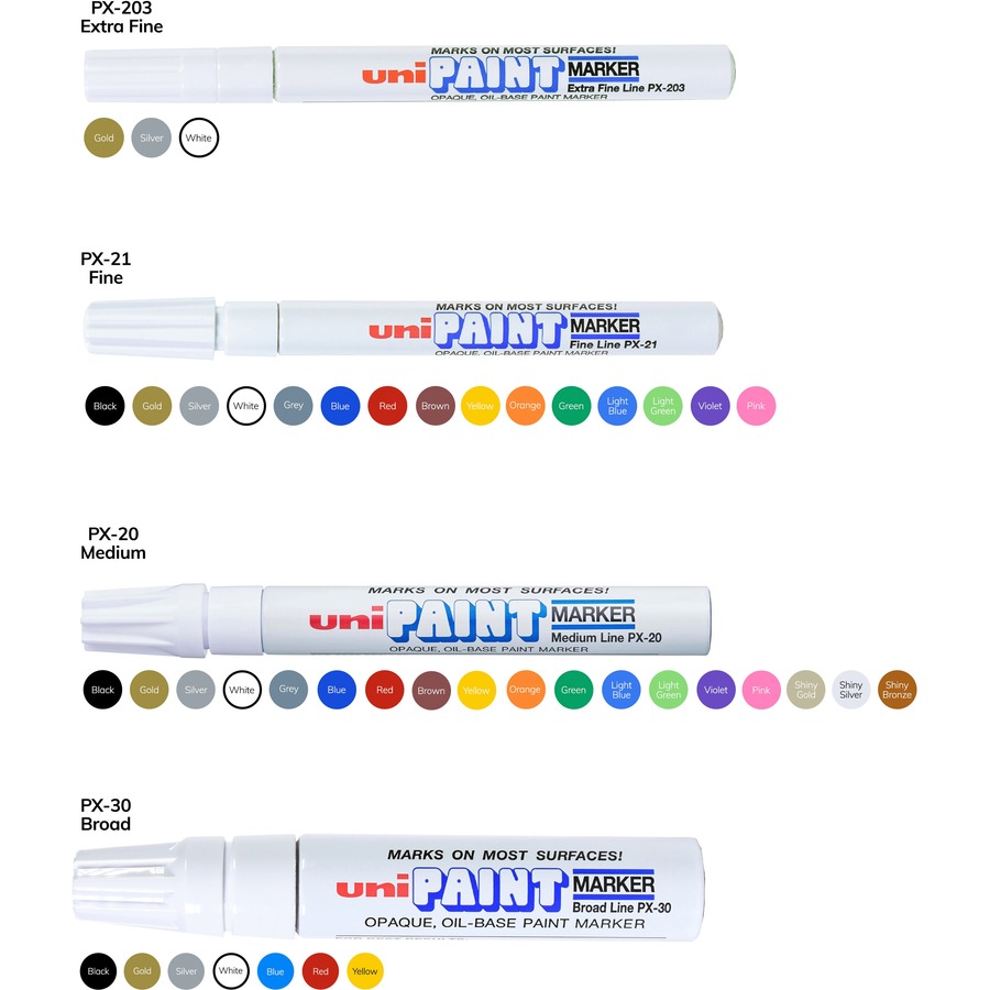 uni® uni-Paint PX-20 Oil-Based Paint Marker - Medium Marker Point - Assorted, Blue, Red, Green, Yellow, Black Oil Based Ink - White Barrel - 6 / Set