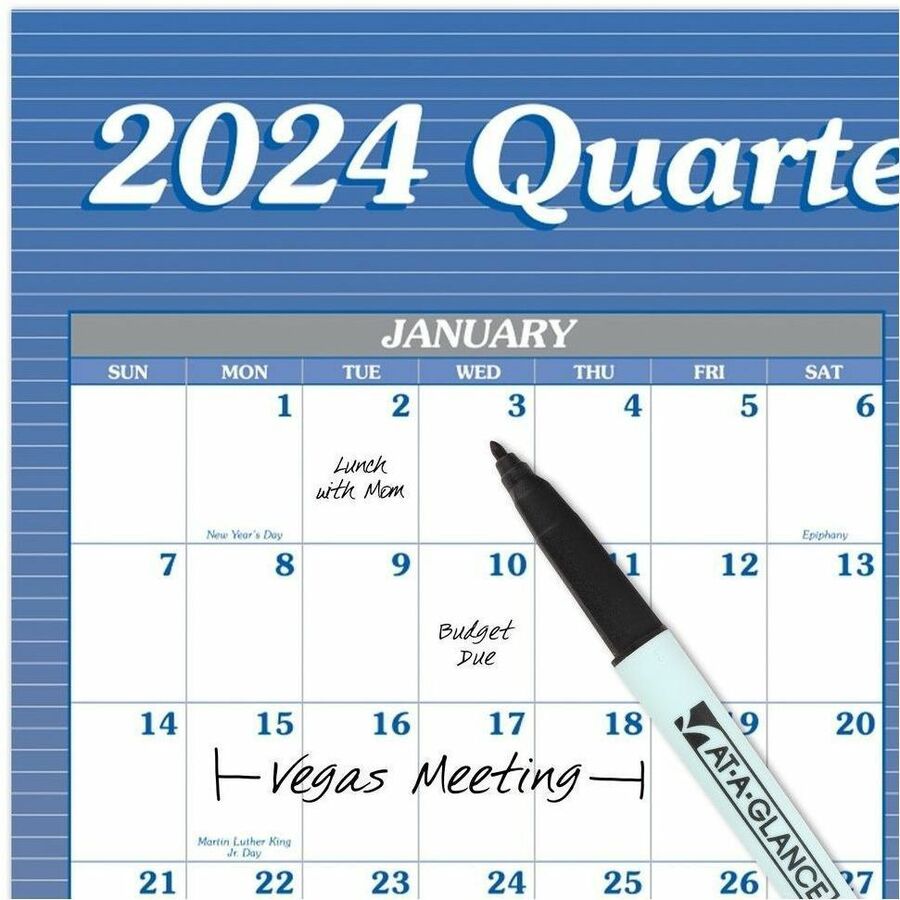 At-A-Glance Vertical Horizontal Reversible Erasable Wall Calendar - Large Size - Yearly - 12 Month - January 2024 - December 2024 - 36" x 24" White Sheet - Blue - Laminate - Erasable, Reversible, Write on/Wipe off, Unruled Daily Block, Year Date Indicator