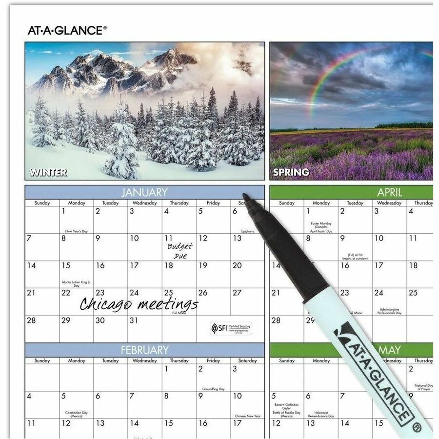 At-A-Glance Seasons in Bloom Horizontal Vertical Erasable Yearly Wall Calendar - Large Size - Yearly - 12 Month - January 2024 - December 2024 - 36" x 24" White Sheet - Multi - Laminate - Erasable, Reversible, Four-Color Photos for Each Season, Date Indic