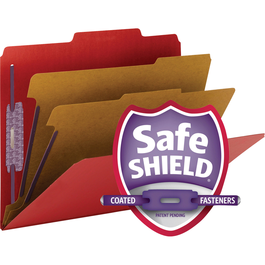 Smead SafeSHIELD 2/5 Tab Cut Letter Recycled Classification Folder - 8 1/2" x 11" - 2" Expansion - 2 x 2S Fastener(s) - 2" Fastener Capacity for Folder - Top Tab Location - Right of Center Tab Position - 2 Divider(s) - Pressboard - Bright Red - 100% Recyc - Pressboard Classification Folders - SMD14031