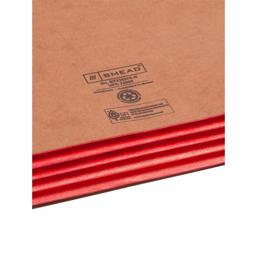 Smead TUFF Pocket Straight Tab Cut Legal Recycled File Pocket - 8 1/2" x 14" - 3 1/2" Expansion - 1 Pocket(s) - End Tab Location - Top Tab Position - 12.5 pt. - 2 Plys - Redrope, Tyvek - Red - 30% Recycled - 10 / Box