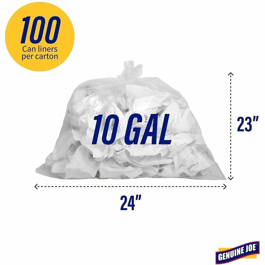 Genuine Joe 10-Gallon Trash Can Liners - Clear 0.60 Mil Thickness (Box Of 500)