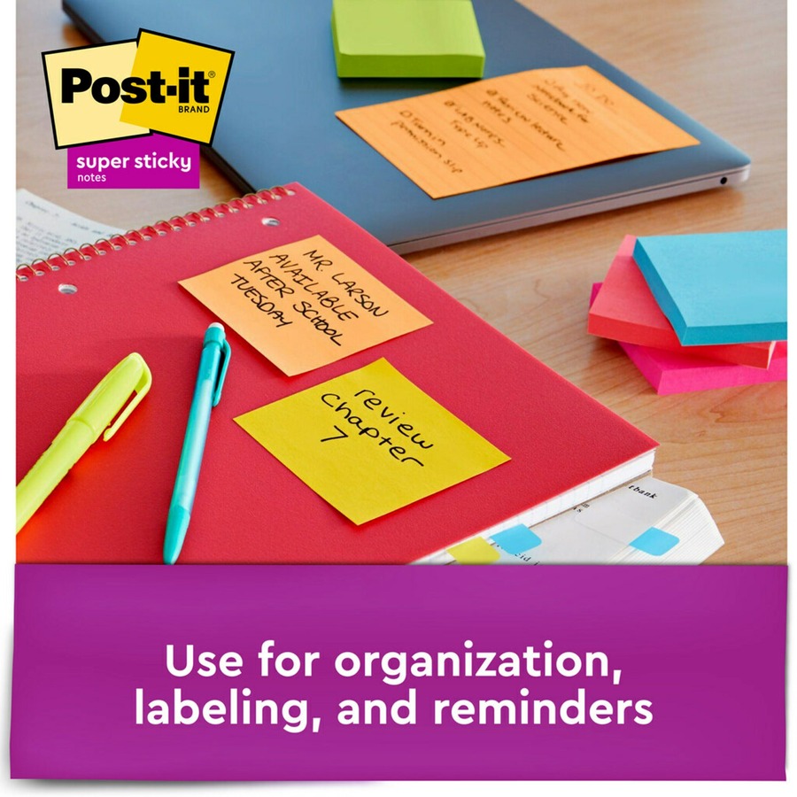 Post-it® Super Sticky Notes - Energy Boost Color Collection - 450 - 3" x 3" - Square - 90 Sheets per Pad - Unruled - Vital Orange, Tropical Pink, Sunnyside, Blue Paradise, Limeade - Paper - Self-adhesive - 5 / Pack