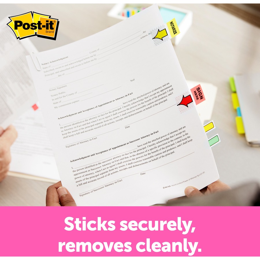 Post-it® Message Flags - 100 - 1" x 1 3/4" - Arrow, Rectangle - Unruled - "Notarize" - Yellow - Removable, Self-adhesive - 100 / Pack