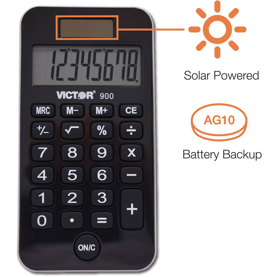 Victor 900 Handheld Calculator - Protective Hard Shell Cover, Big Display, Independent Memory, Dual Power - 0.55" (14 mm) - 8 Digits - LCD - Battery/Solar Powered - 0.3" x 2.5" x 4.3" - Black - Rubber - 1 Each = VCT900