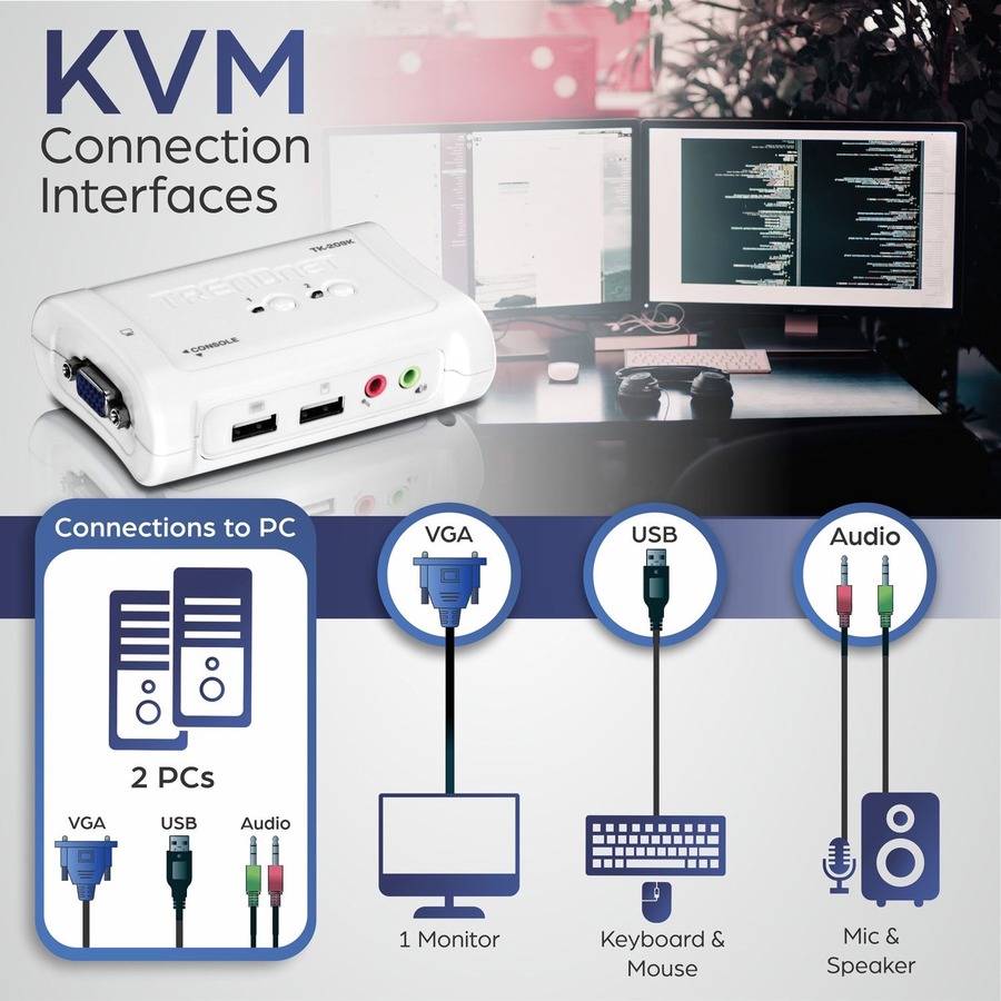 TRENDnet 2-Port USB KVM Switch and Cable Kit with Audio, Manage Two PCs, USB 1.1, Hot-Plug, Auto-Scan, Hot-Keys, Windows & Linux Compliant, TK-209K